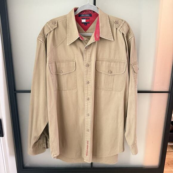 RARE Tommy Hilfiger Outdoor Shirt Mens Size XL Safari Khaki Button Up Utility - Picture 3 of 12